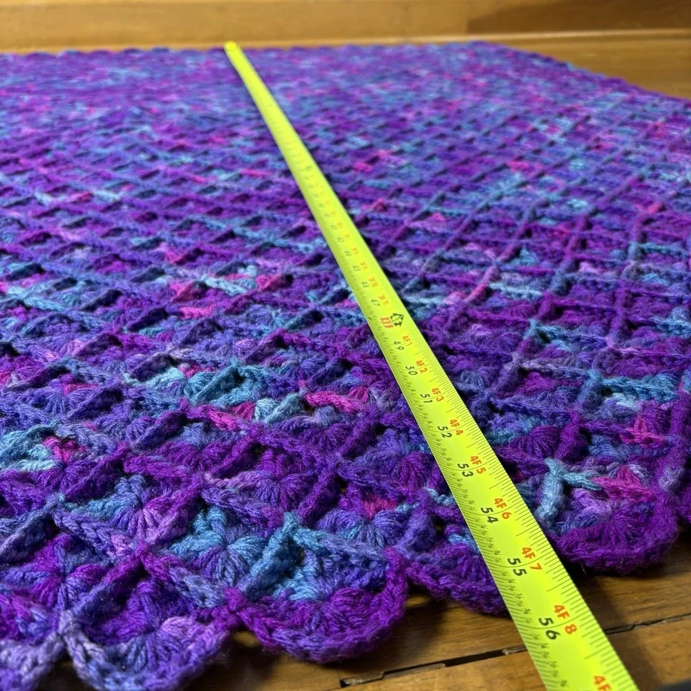 Handmade Crochet Blue Purple Pink Granny Square Style Retro Afghan Blanket VTG‎